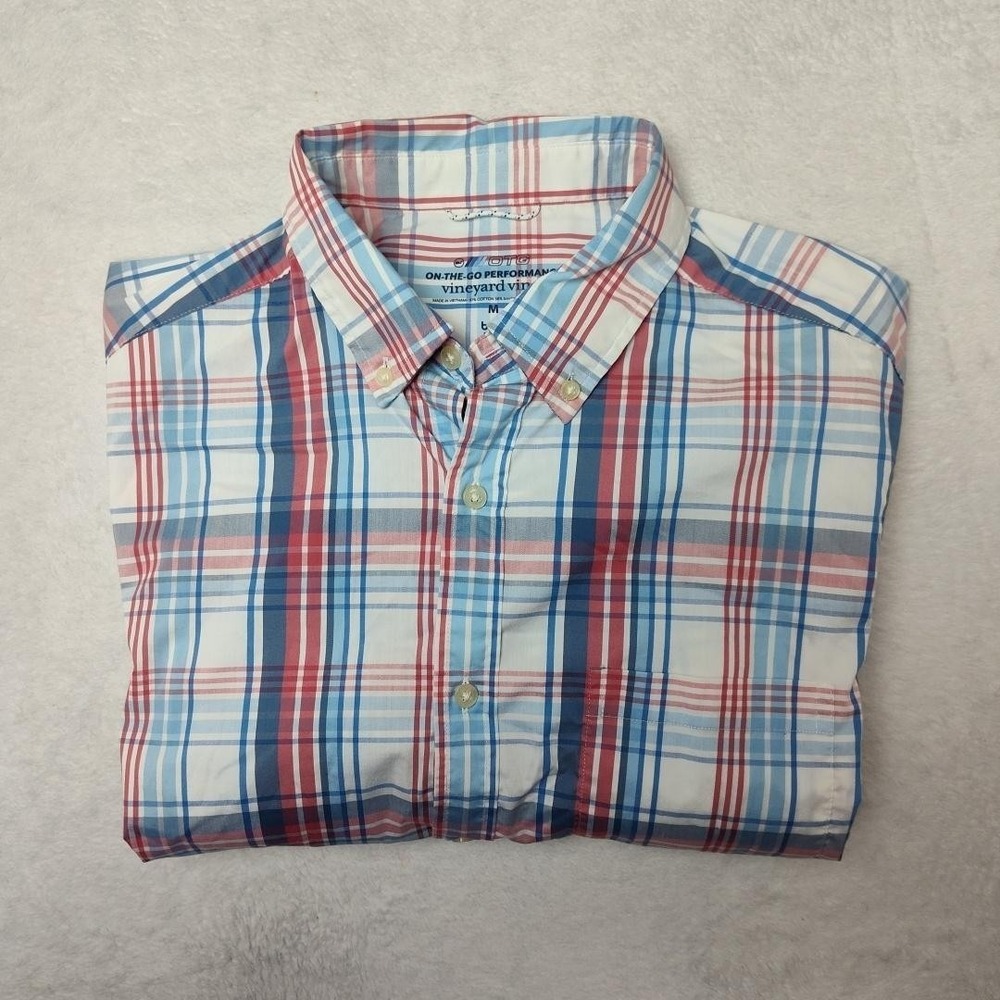 Vineyard Vines Shirt Mens Medium Blue Plaid Performance Long Sleeve Button Up